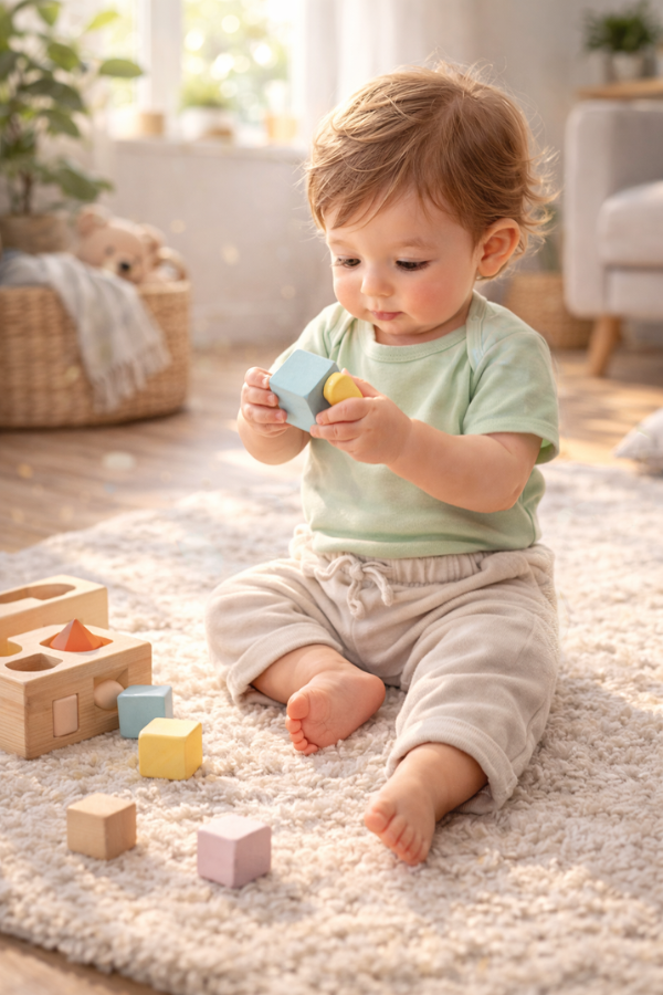 Bebê de aproximadamente 16 meses sentado no chão brincando com blocos de encaixe, estimulando coordenação motora fina no desenvolvimento de 12 a 18 meses