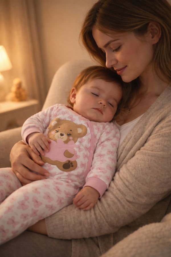 Mãe segurando bebê no colo durante a noite após despertar noturno, mostrando acolhimento e rotina de sono