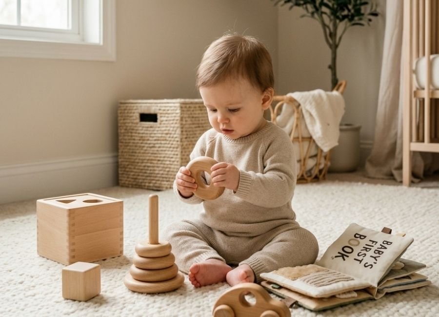 bebê brincando livremente no chão, em ambiente aconchegante, explorando brinquedos simples e naturais, estimulando o desenvolvimento motor, a autonomia e o bem-estar do bebê.