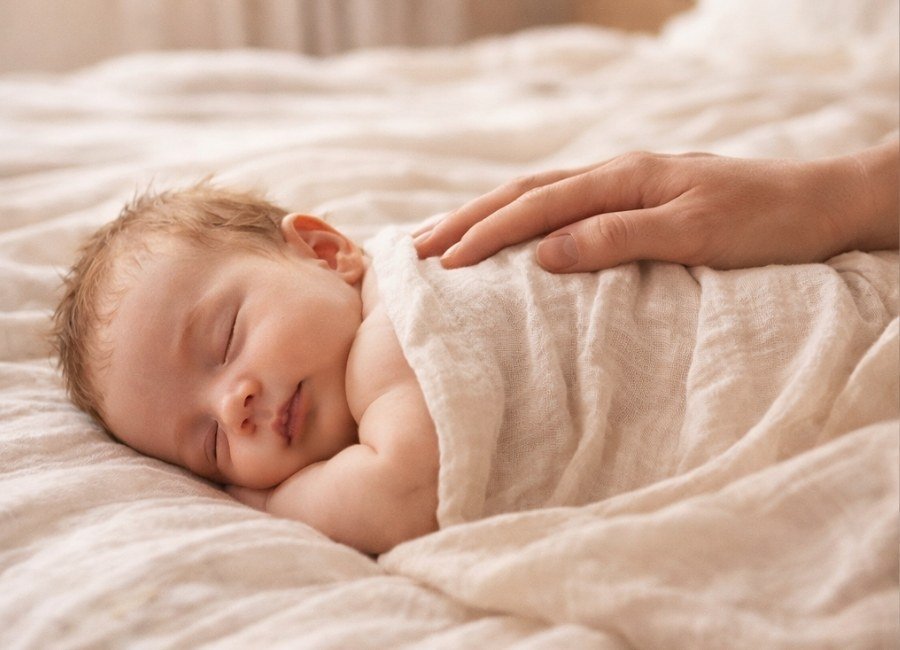 Bebê dormindo tranquilamente enquanto a mãe toca com carinho, representando conforto, segurança e cuidado na rotina do sono do bebê