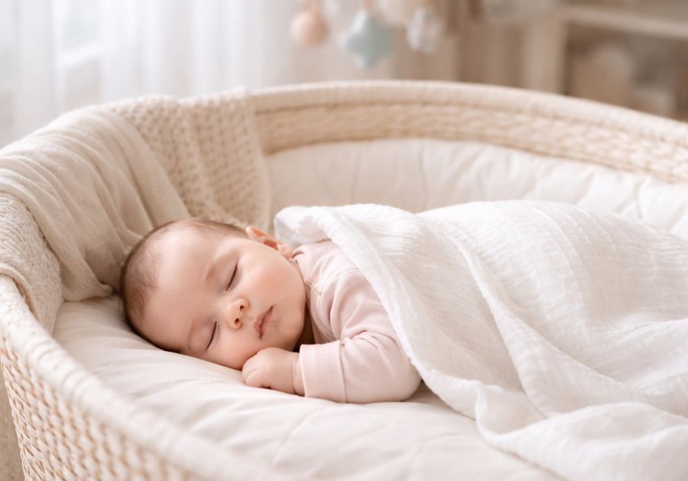 Bebê dormindo tranquilamente em moisés com manta leve de algodão, em ambiente claro, aconchegante e iluminado por luz natural