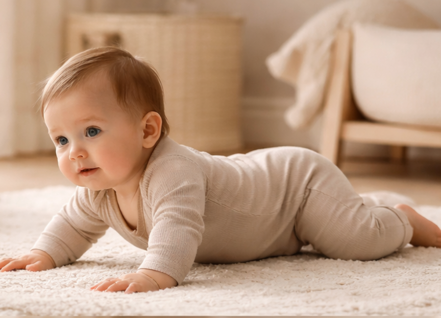 Bebê de 6 a 9 meses tentando engatinhar, apoiado nas mãos e joelhos, mostrando fase de desenvolvimento motor