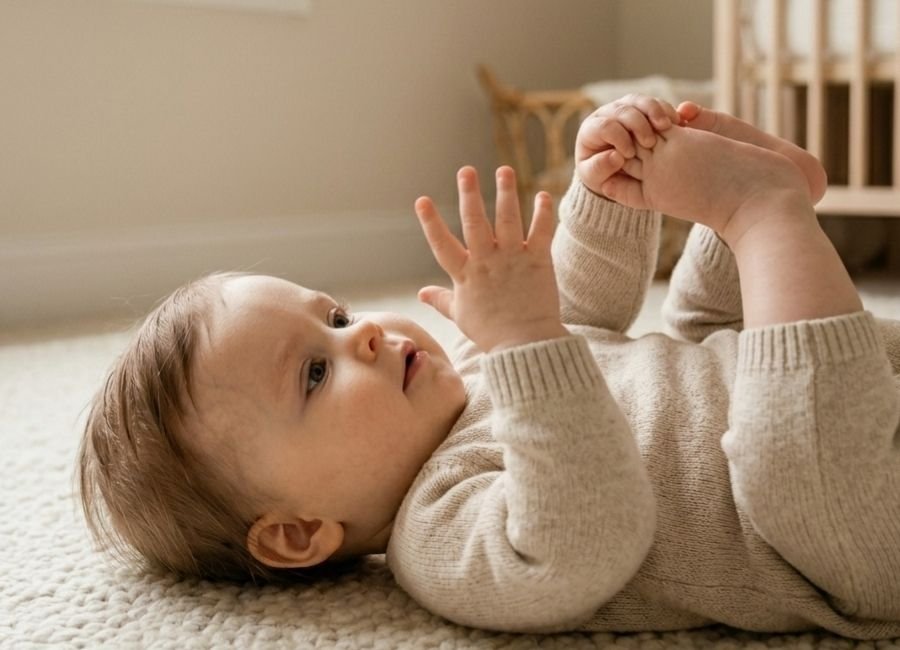 Bebê explorando o próprio corpo de forma livre sobre um tapete macio, em ambiente seguro e acolhedor, estimulando o desenvolvimento motor e a autonomia