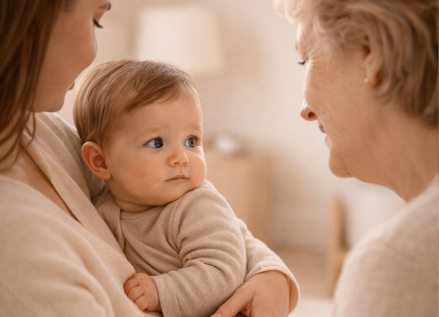 Bebê no colo da mãe observando a avó, demonstrando fase de apego e estranhamento entre 6 e 9 meses