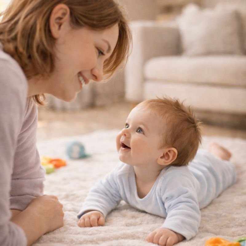 Bebê sendo estimulado com carinho para fortalecer o controle da cabeça, em um momento de vínculo, afeto e desenvolvimento saudável nos primeiros meses de vida