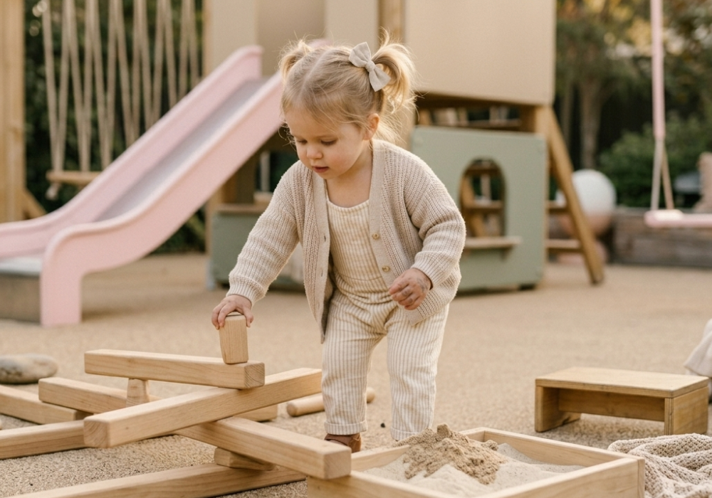Criança de 2 a 3 anos brincando sozinha no parquinho, desenvolvendo autonomia, equilíbrio e coordenação motora em ambiente ao ar livre
