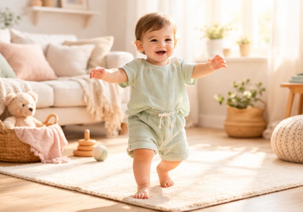 Bebê de aproximadamente 14 meses dando os primeiros passos sozinho em ambiente seguro, representando o desenvolvimento do bebê de 12 a 18 meses