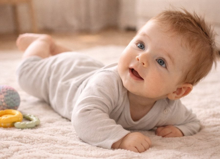 Bebê de 4 a 5 meses explorando o próprio corpo no chão, representando o desenvolvimento do bebê de 3 a 6 meses com movimento livre e conforto