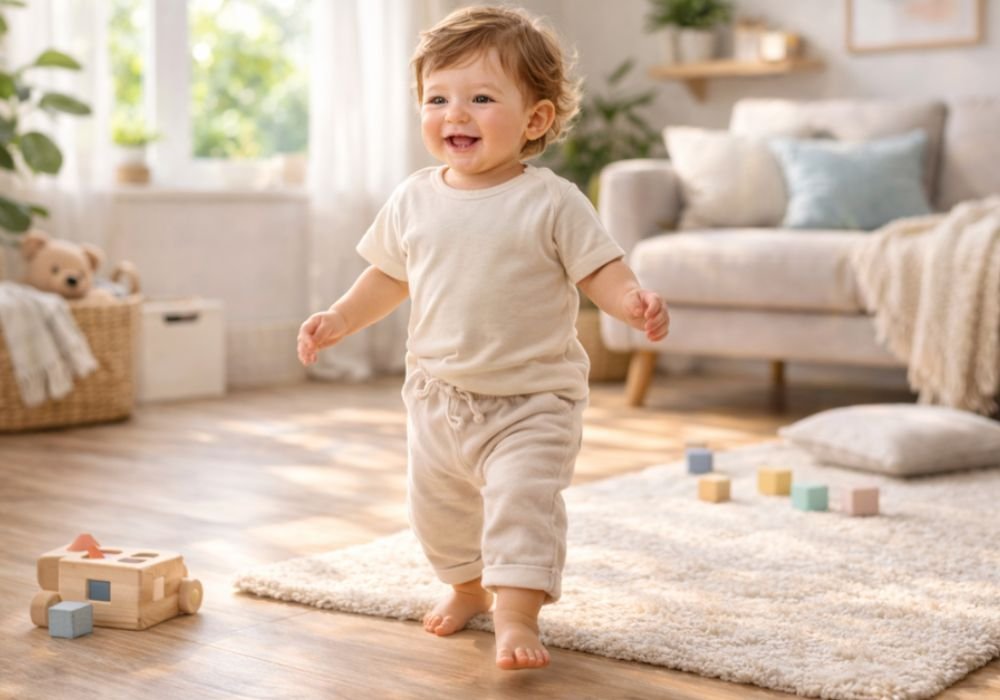 Criança de 20 meses caminhando sozinha em ambiente interno iluminado, representando o desenvolvimento do bebê de 18 a 24 meses e sua autonomia