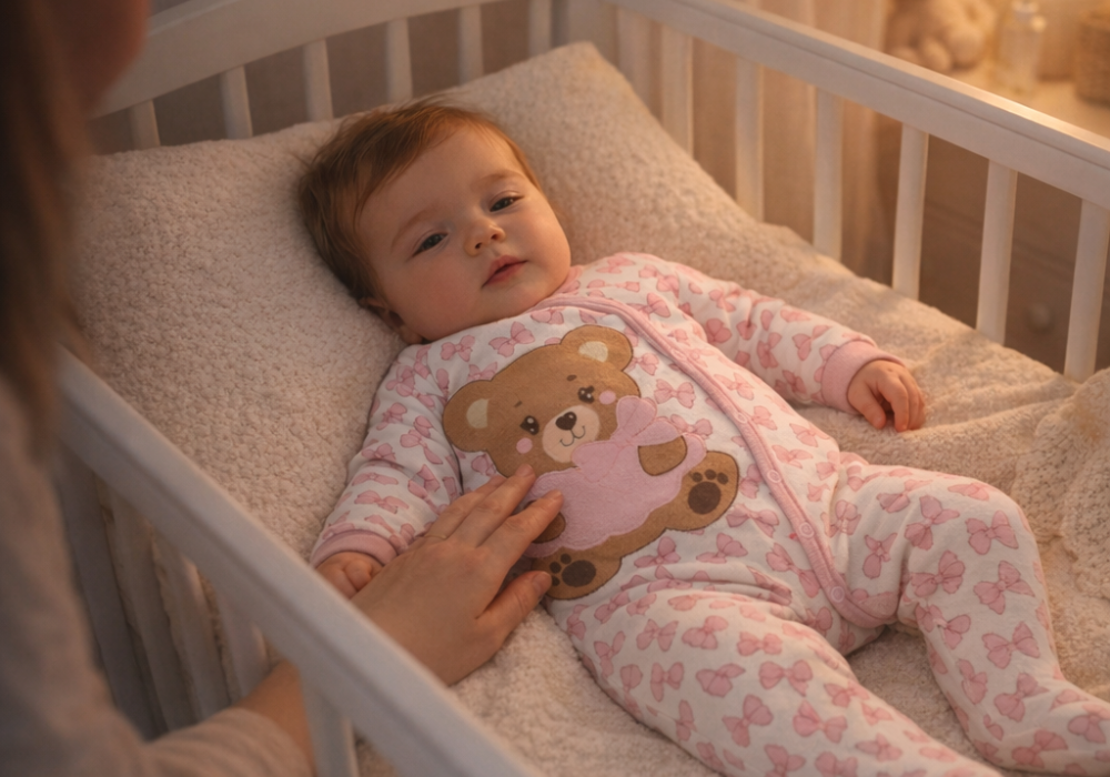 Bebê acordado durante a noite no berço sendo acalmado pela mãe, ilustrando despertares noturnos do bebê de forma acolhedora.