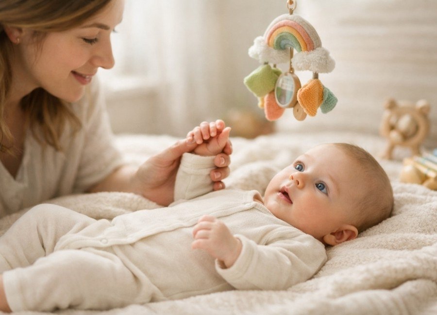 Estimulação sensorial nos primeiros meses: mãe interagindo com bebê de 2 meses usando toque, brinquedo visual e chocalho para estimular tato, visão e audição.