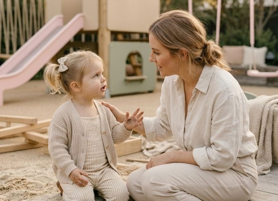 Menina de 2 a 3 anos conversando com a mãe e fazendo perguntas, representando a fase dos porquês e o desenvolvimento da linguagem infantil