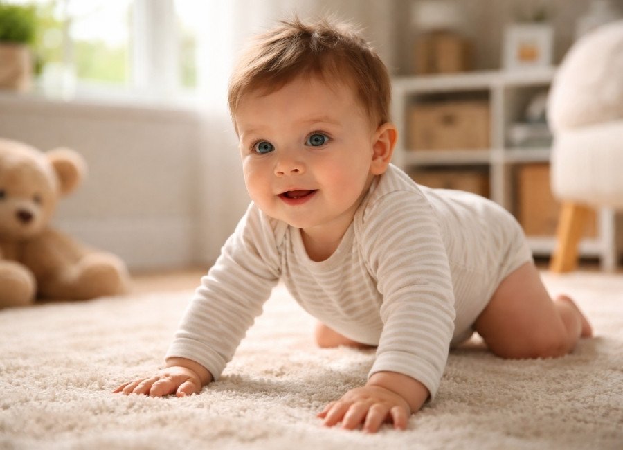 Bebê em fase de desenvolvimento explorando o ambiente durante período de regressão do sono.