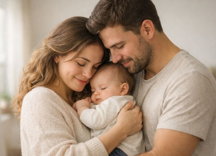 Mãe e pai segurando o bebê em contato pele a pele, representando a importância do toque no desenvolvimento emocional e físico do bebê.