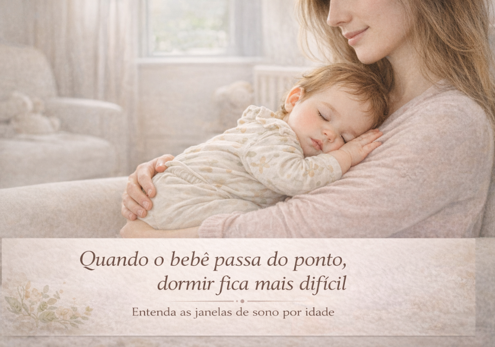 Bebê de 4 a 6 meses no colo da mãe com sono, demonstrando sinais de cansaço e dificuldade para dormir relacionados à janela de sono