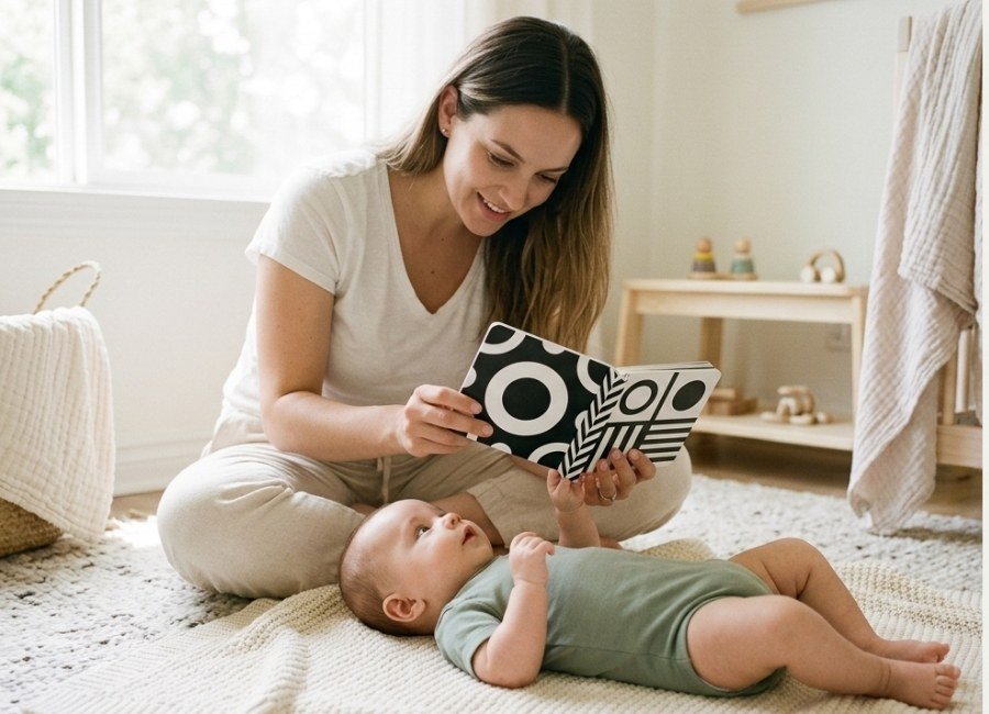 Mãe mostrando livro preto e branco de alto contraste para bebê de 2 meses estimular a visão nos primeiros meses.