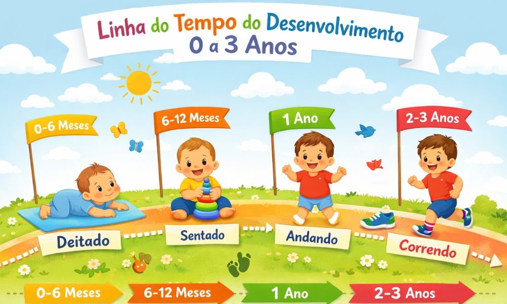 Sequência mostrando bebê deitado, sentado, andando e criança correndo, ilustrando os marcos do desenvolvimento do bebê de 0 a 3 anos