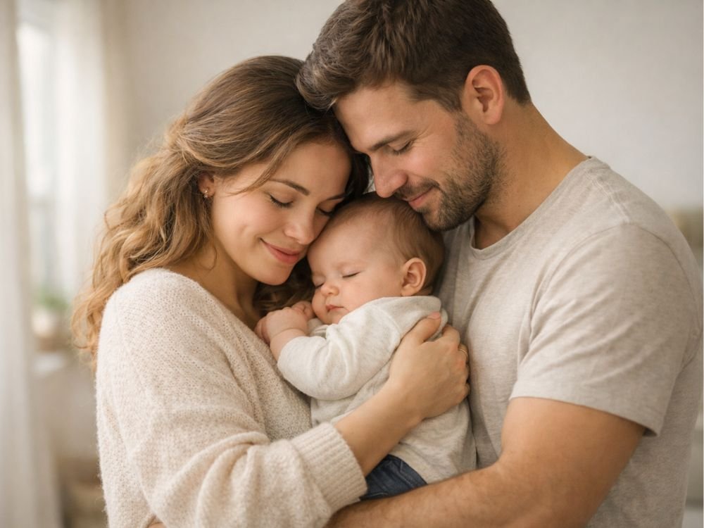 Pais abraçando com carinho seu bebê em momento de amor e conexão familiar, representando cuidado, acolhimento e desenvolvimento do bebê.