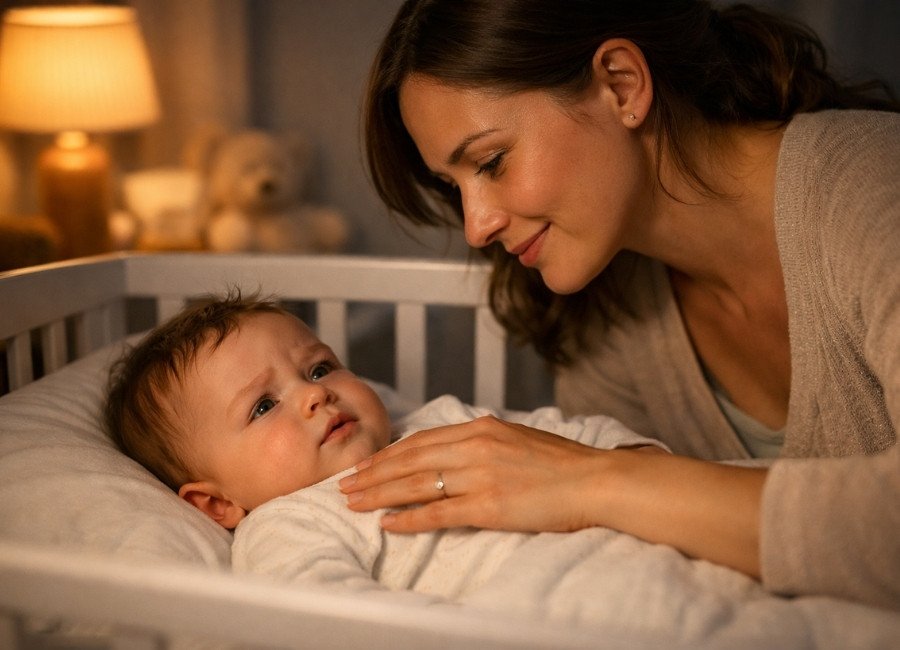 Bebê acordado no berço durante regressão do sono sendo acalmado pela mãe à noite