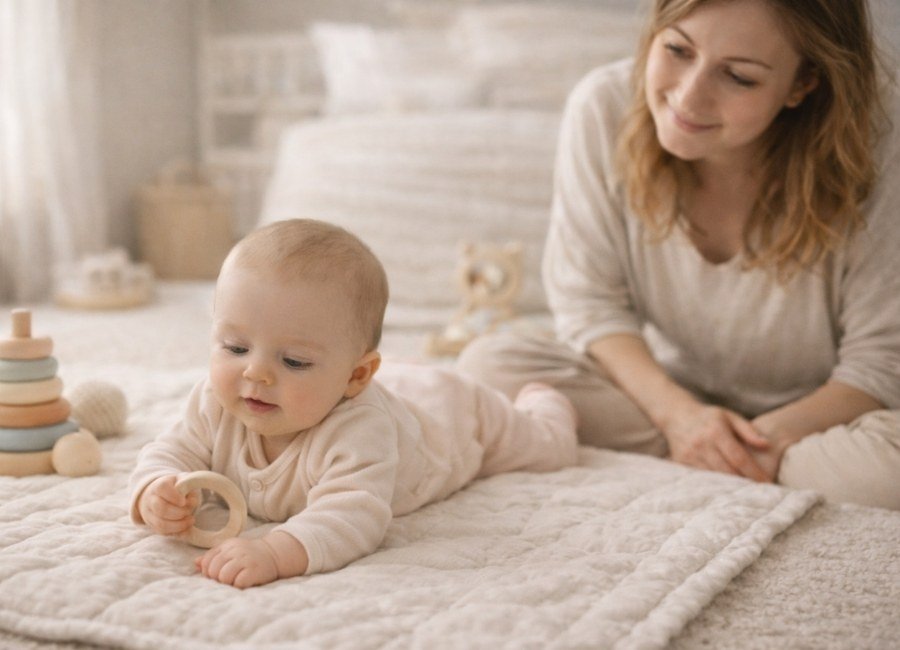 Bebê brincando no tapete enquanto a mãe observa durante a rotina diária do bebê.