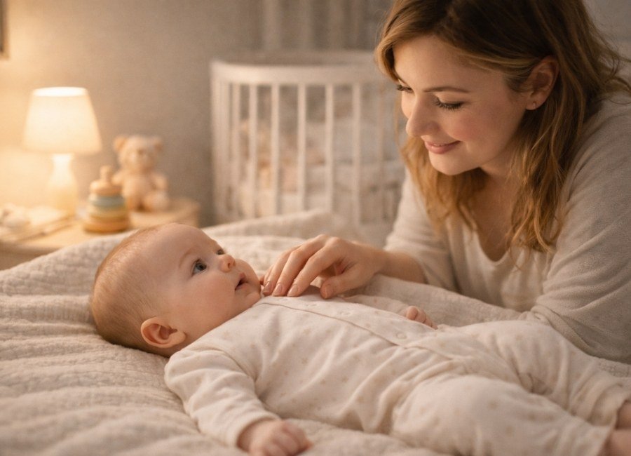 Mãe preparando bebê para dormir mostrando a importância da rotina do sono para o desenvolvimento emocional.