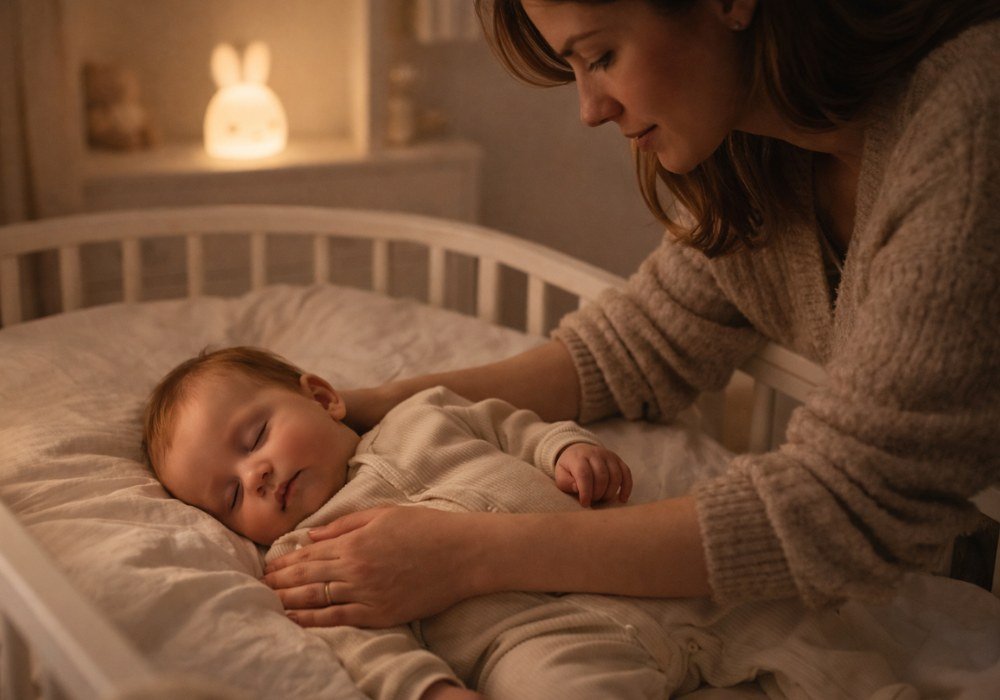 Mãe preparando o bebê para dormir com pijama em ambiente calmo, representando rotina noturna e segurança emocional