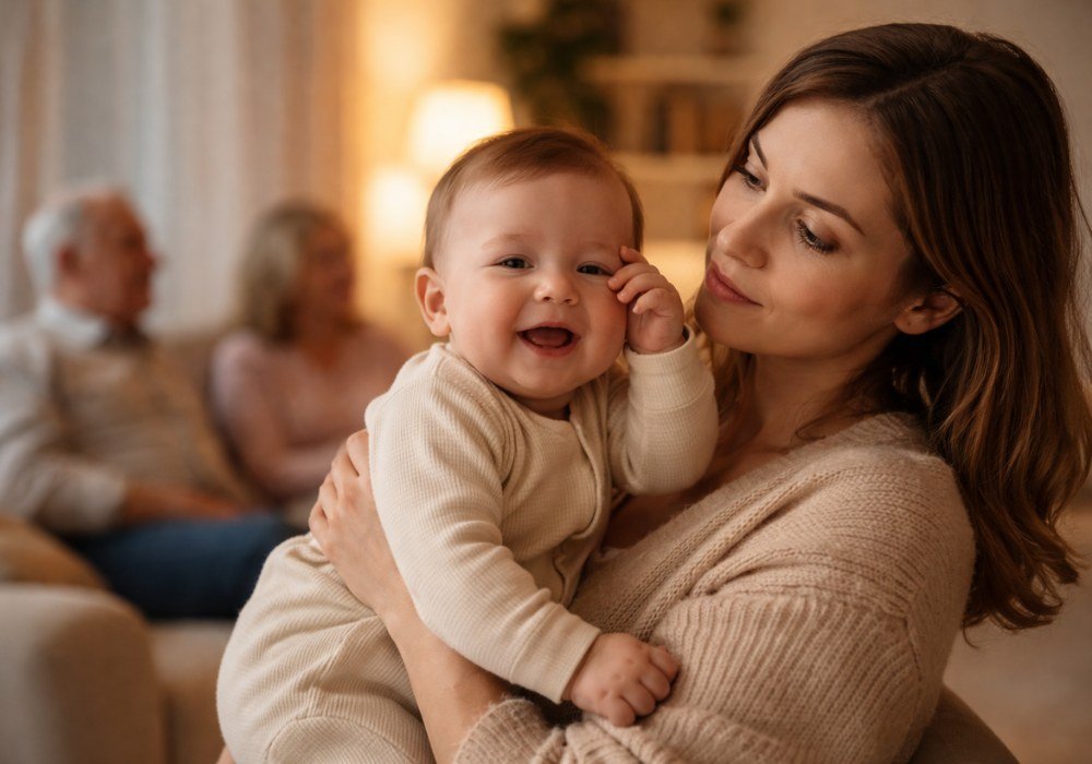 Bebê cansado no colo da mãe no início da noite, mostrando sinais de sono antes da rotina noturna
