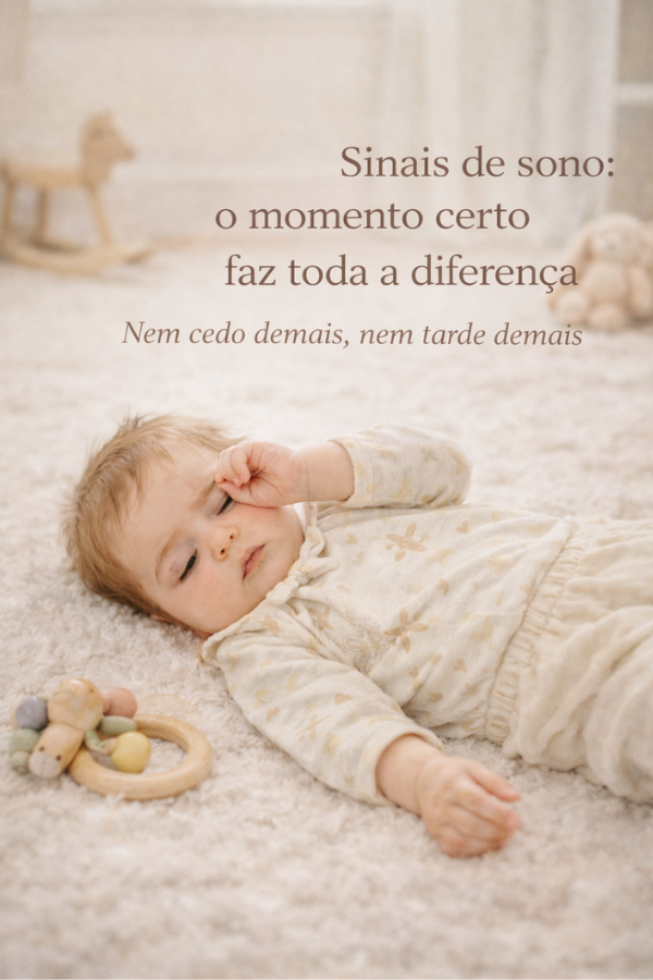 Bebê de 6 meses deitado em tapete macio esfregando os olhos, demonstrando sinais de sono e indicando o momento ideal para dormir