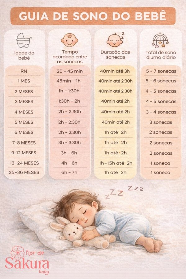 Tabela de rotina de sono do bebê com janelas de sono, número de sonecas e tempo ideal por idade em ilustração suave estilo maternidade