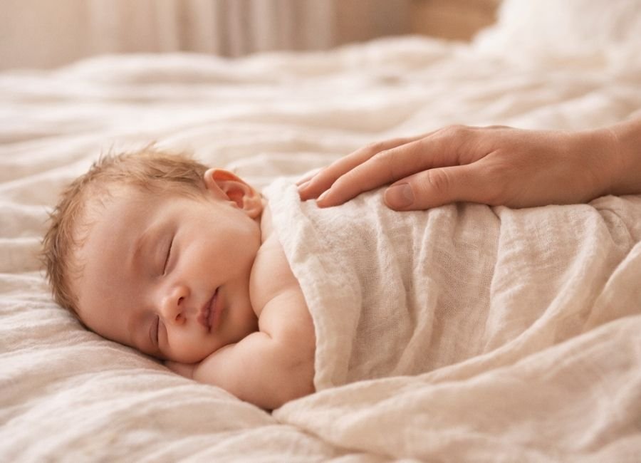 Mãe com a mão no bebê enquanto observa dormir representando o vínculo afetivo nos primeiros meses