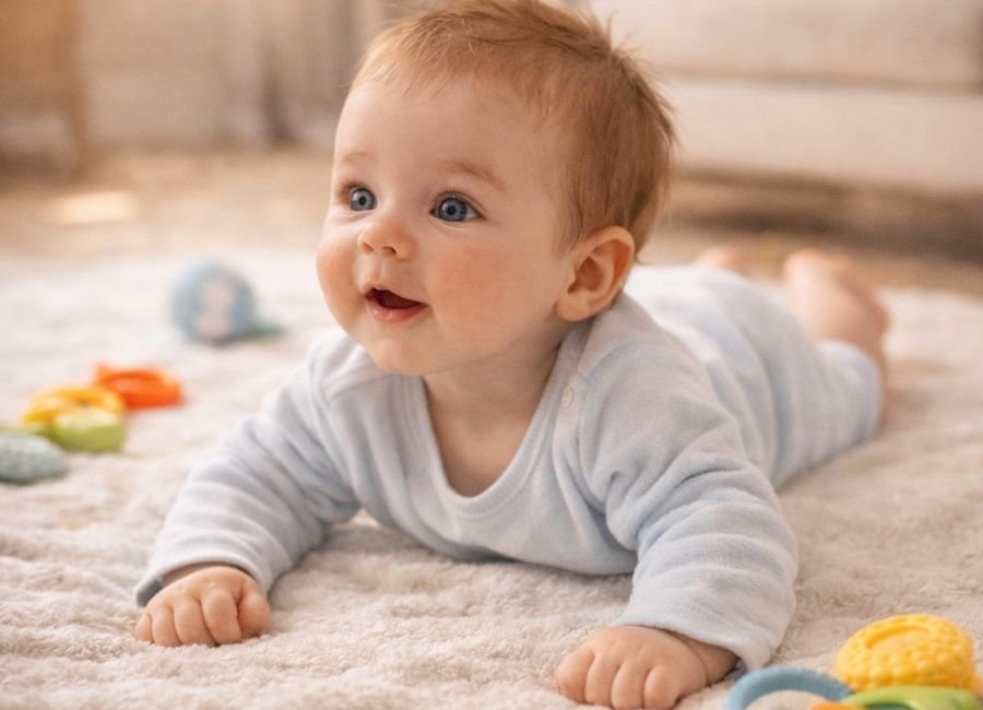 Bebê fazendo tummy time em tapetinho macio, representando o desenvolvimento motor e os primeiros movimentos nos primeiros meses de vida.