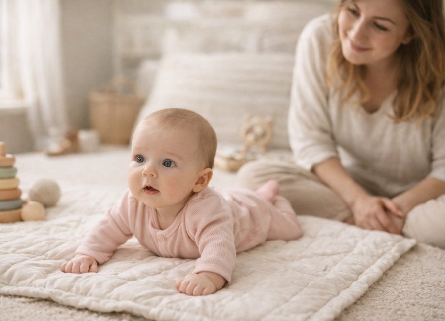 Bebê fazendo tummy time enquanto a mãe observa para estimular o desenvolvimento motor nos primeiros meses.