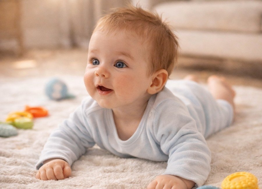 bebê pequeno de bruços sobre um tapete macio, levantando suavemente a cabeça durante o tummy time, atividade que ajuda a fortalecer o pescoço, estimular o desenvolvimento motor e promover momentos de carinho e segurança.