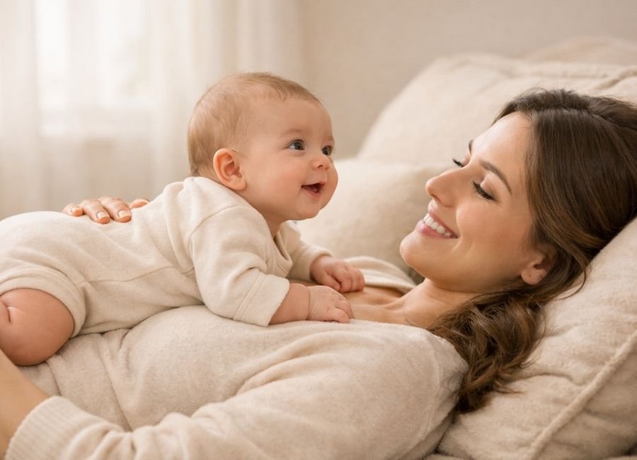 mãe com bebê fazendo tummy time no colo, representando vínculo, carinho e desenvolvimento nos primeiros meses