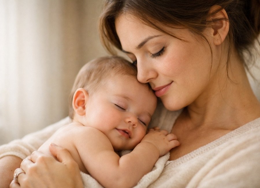 Mãe abraçando bebê transmitindo segurança emocional durante fase de regressão do sono