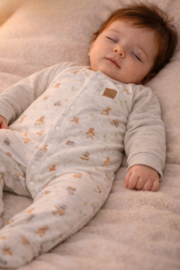 Bebê relaxado usando roupa leve e confortável, com expressão tranquila e sensação de bem-estar