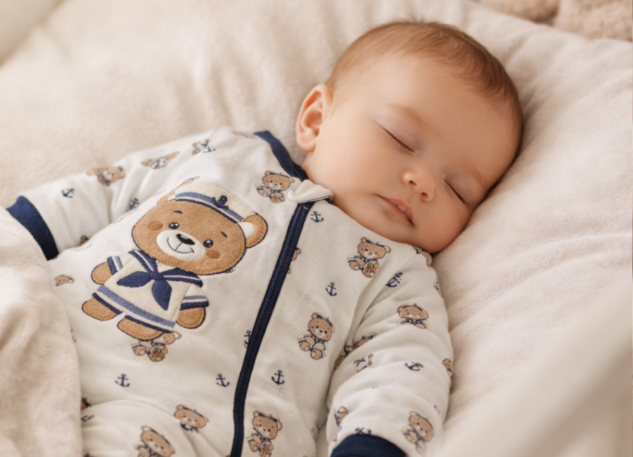Bebê dormindo de barriga para cima no berço, com expressão serena, representando o sono infantil e o desenvolvimento da autorregulação.