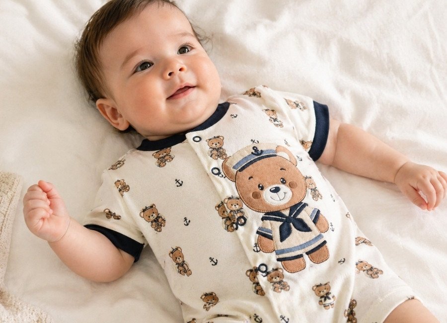 Bebê usando roupa leve em ambiente agradável, demonstrando conforto térmico e bem-estar