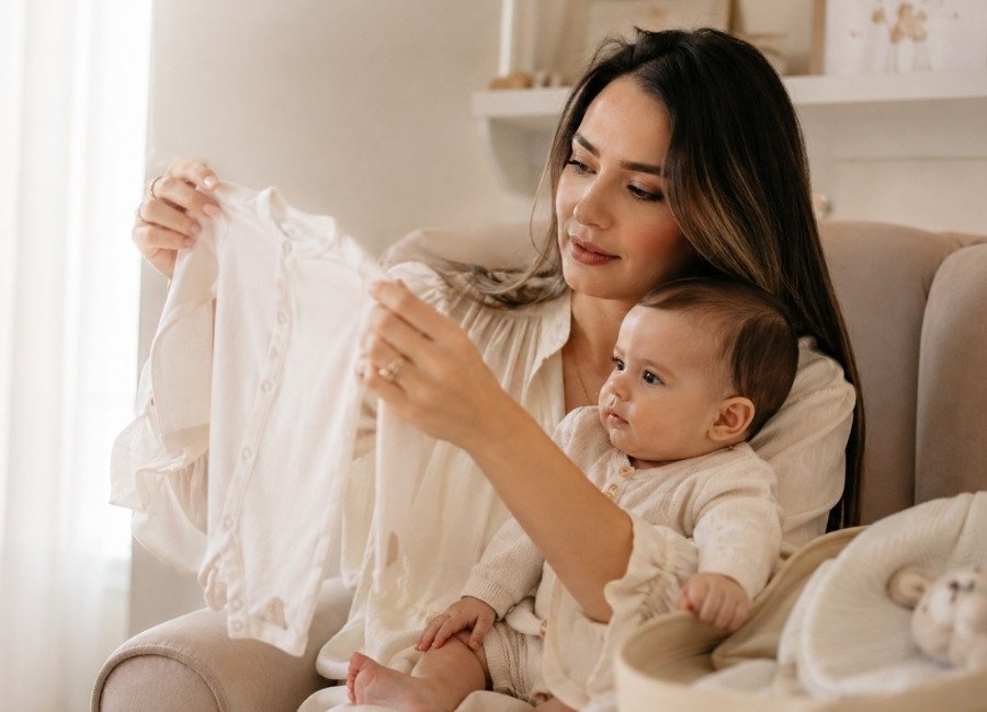 Mãe observando detalhes de uma roupa de bebê, analisando costuras e acabamento com atenção e cuidado