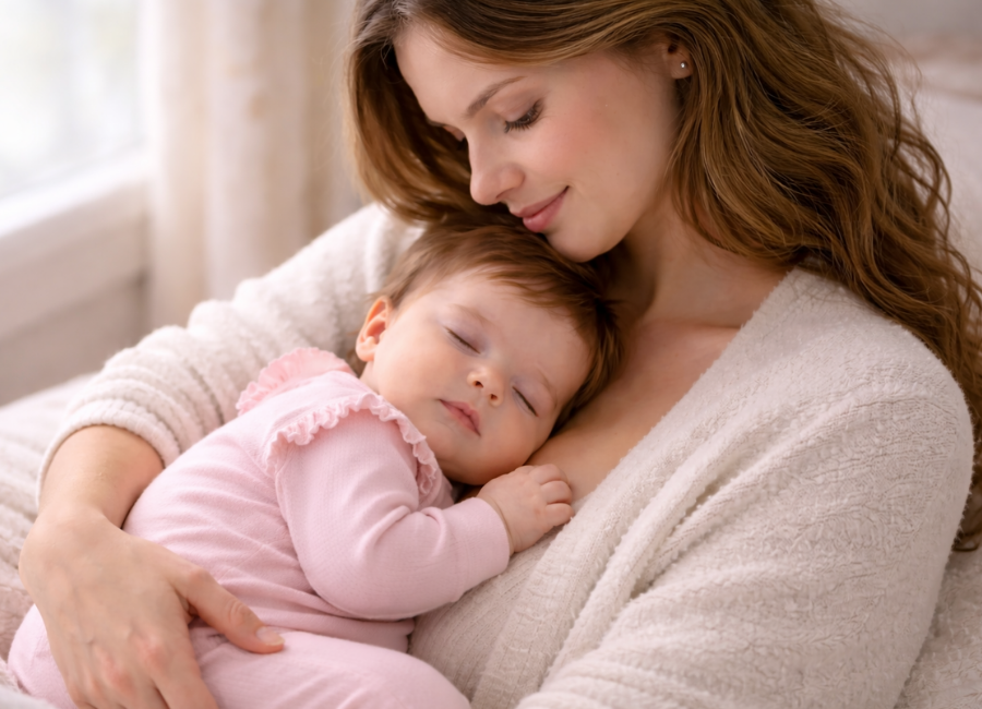 Mãe segurando bebê no colo com carinho, transmitindo conforto, segurança e cuidado corporal