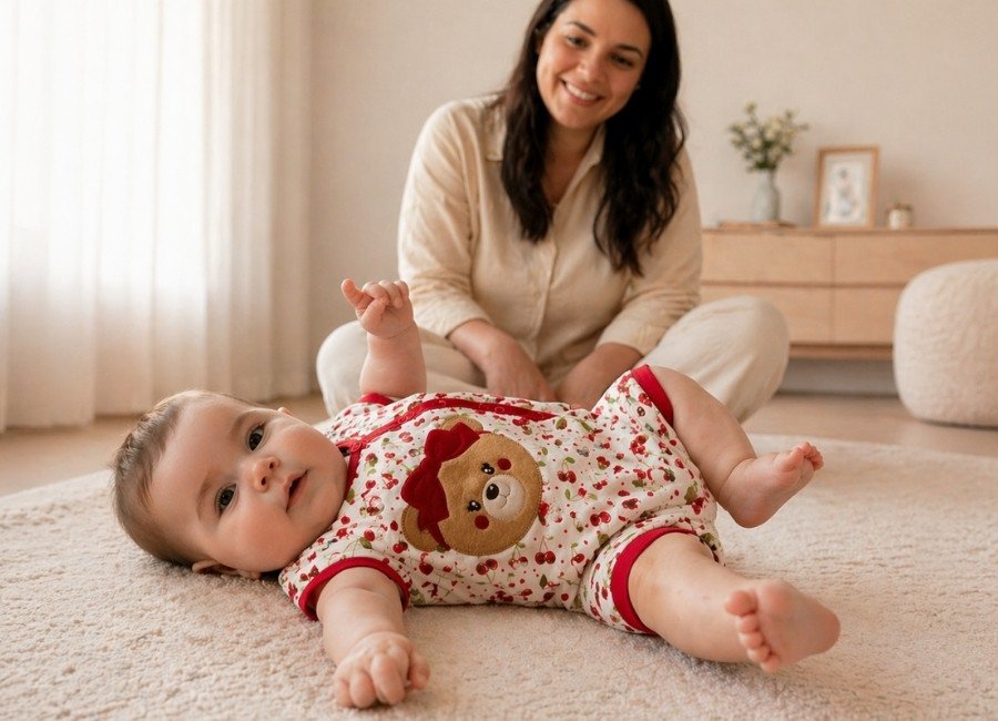 Bebê se movimentando livremente no chão com roupa confortável enquanto mãe observa, estimulando desenvolvimento motor.