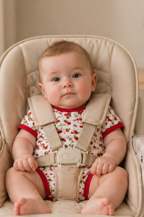 comparação entre bebê com movimento limitado em cadeirinha e bebê se movimentando livremente no chão