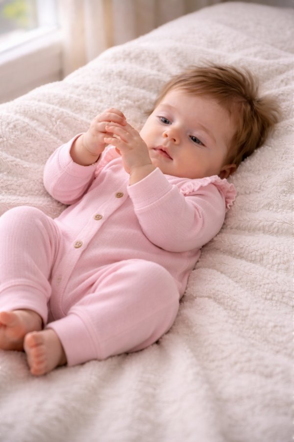 Bebê em posição de bruços praticando movimento livre, estimulando o desenvolvimento motor de forma natural