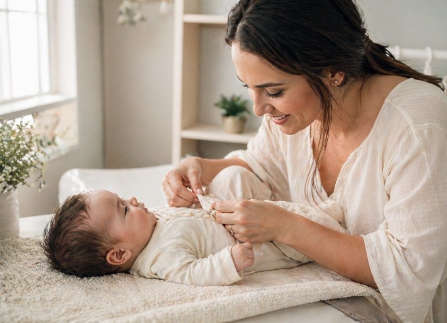 Mãe vestindo bebê com roupa leve e macia, transmitindo conforto, cuidado e bem-estar