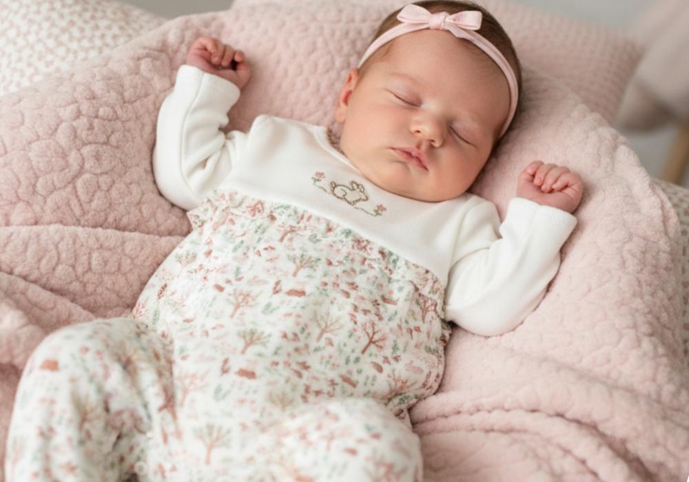 Bebê dormindo tranquilamente em ambiente aconchegante, envolto em tecido macio, representando o sono de bebê seguro e confortável