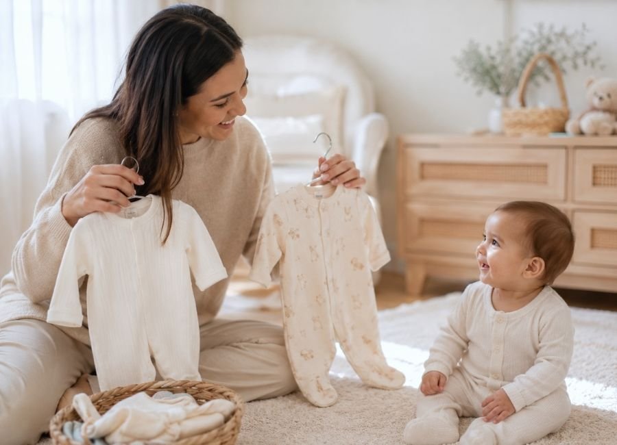 Mãe segurando duas roupinhas de bebê enquanto observa bebê sentado sorrindo em tapete durante escolha entre algodão comum e algodão egípcio