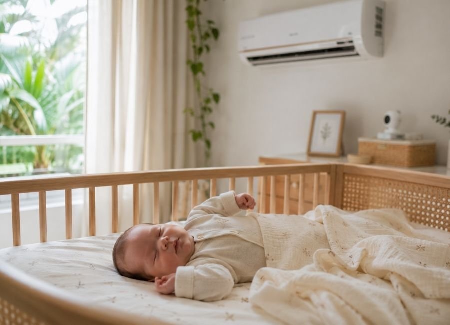 Bebê dormindo com roupa leve e manta fina em quarto climatizado no Norte do Brasil.