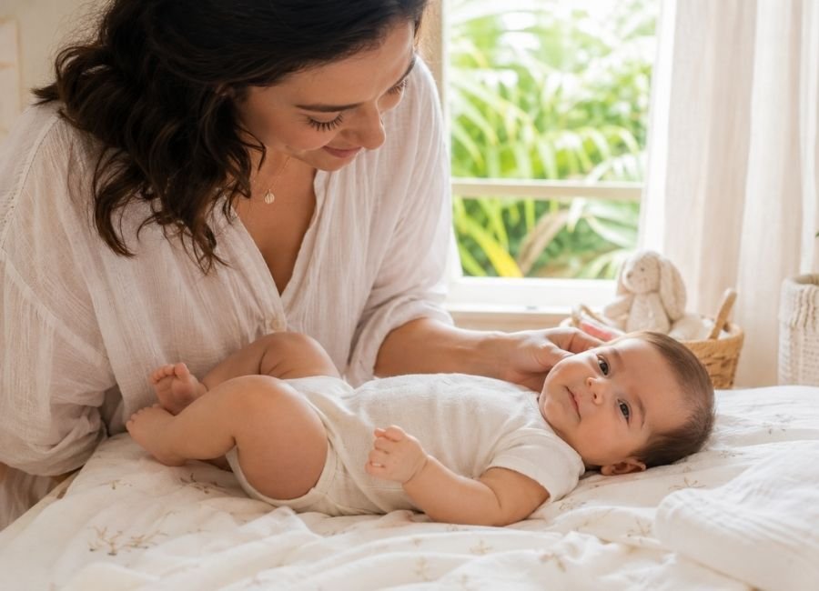 Mãe verificando a temperatura do bebê tocando a nuca enquanto ele usa roupa leve de algodão em ambiente fresco.