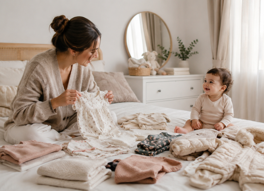 Mãe organizando roupas leves e quentinhas enquanto observa bebê sorrindo em ambiente acolhedor
