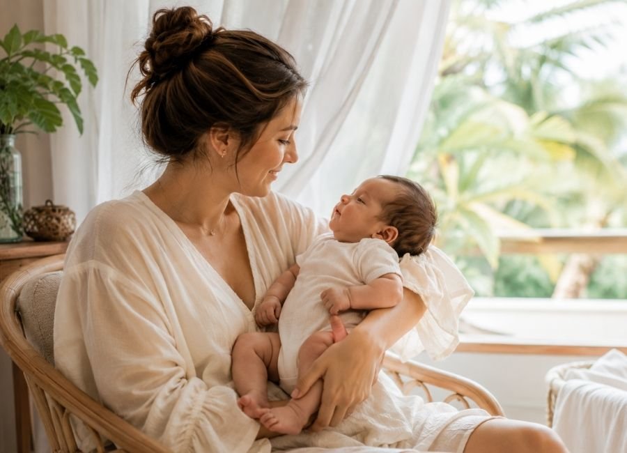 Mãe segurando bebê com roupa leve de algodão em clima quente e úmido do Norte do Brasil.